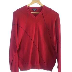 Nautica Size XL Men's V-Neck Sweater Red Blue Argyle Diamond Christmas Holiday